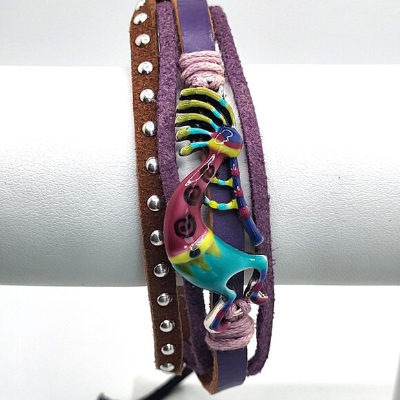 Enamel Kokopelli Fertility Bracelet Leather Draw Cord Adjustable - Picture 2 of 7